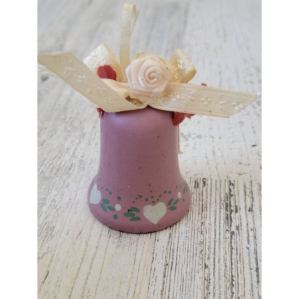 Pink heart wooden bell Rose ornament Xmas decor